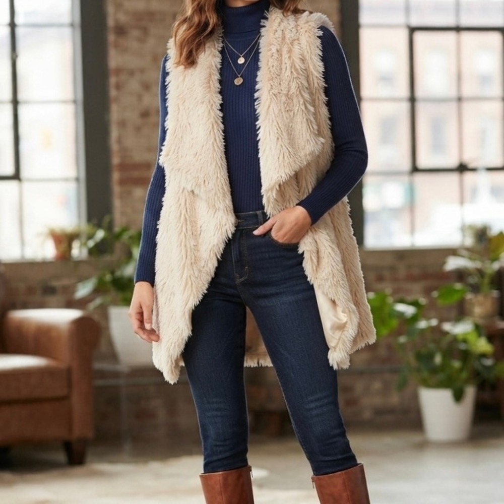 Shaggy Faux Fur Cream Beige Open Front  Cascade Vest‎ Boho Indie Grunge Western